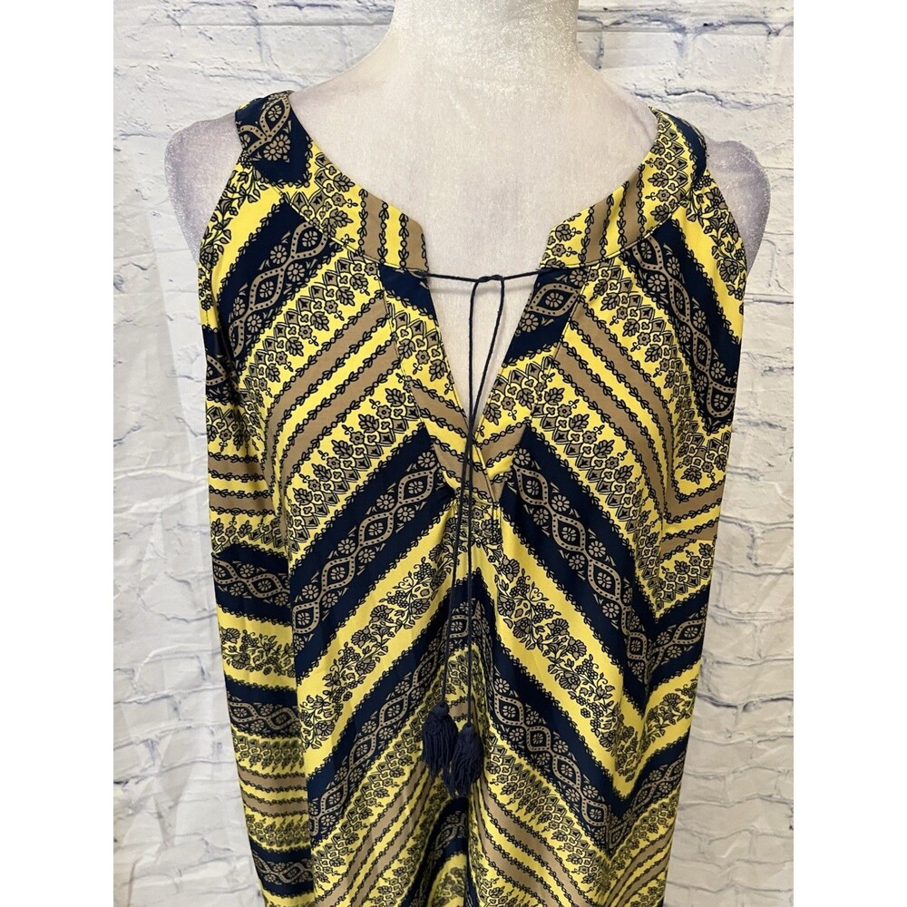 Tacera Boho Stretchy Shift Dress 2X Flowy Sleeveless Navy/Yellow Print - Picture 2 of 8